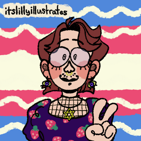 picrew of sminkus/shoshannah; a white trans male with brown hair to hir shoulders, round glasses, eye earrings, a gold septum ring and star of david necklace, and a black dress with fishnets at the throat with strawberries on the body of the dress. ze is holding up two fingers in a peace sign gesture. the picrew is from itslillyillustrates