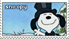 snoopy from peanuts facing head-on wearing a top hat. white text reads: snoopy